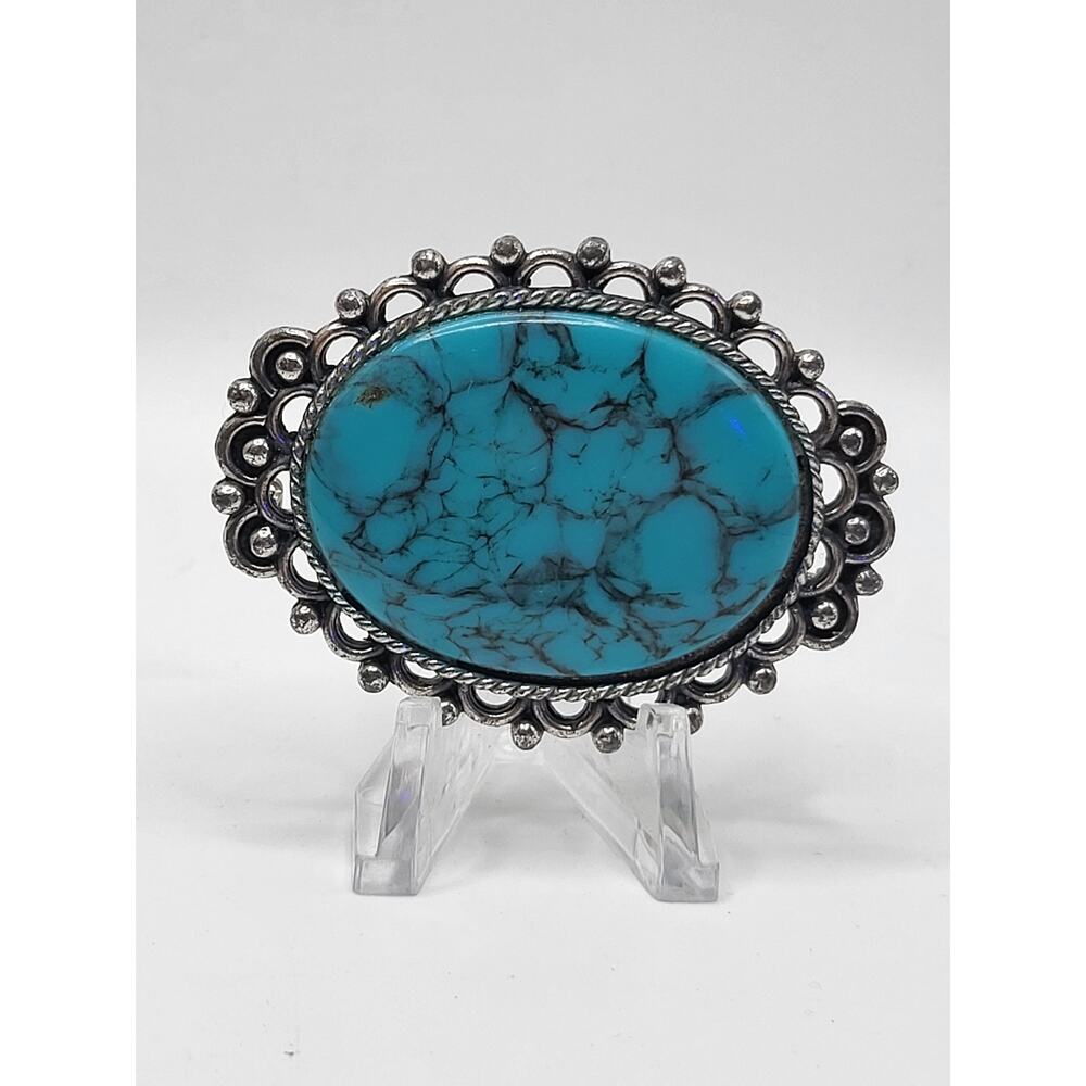 Mid Century Bobley Signed  Turquoise Glass Cabochon Brooch Southwestern Style